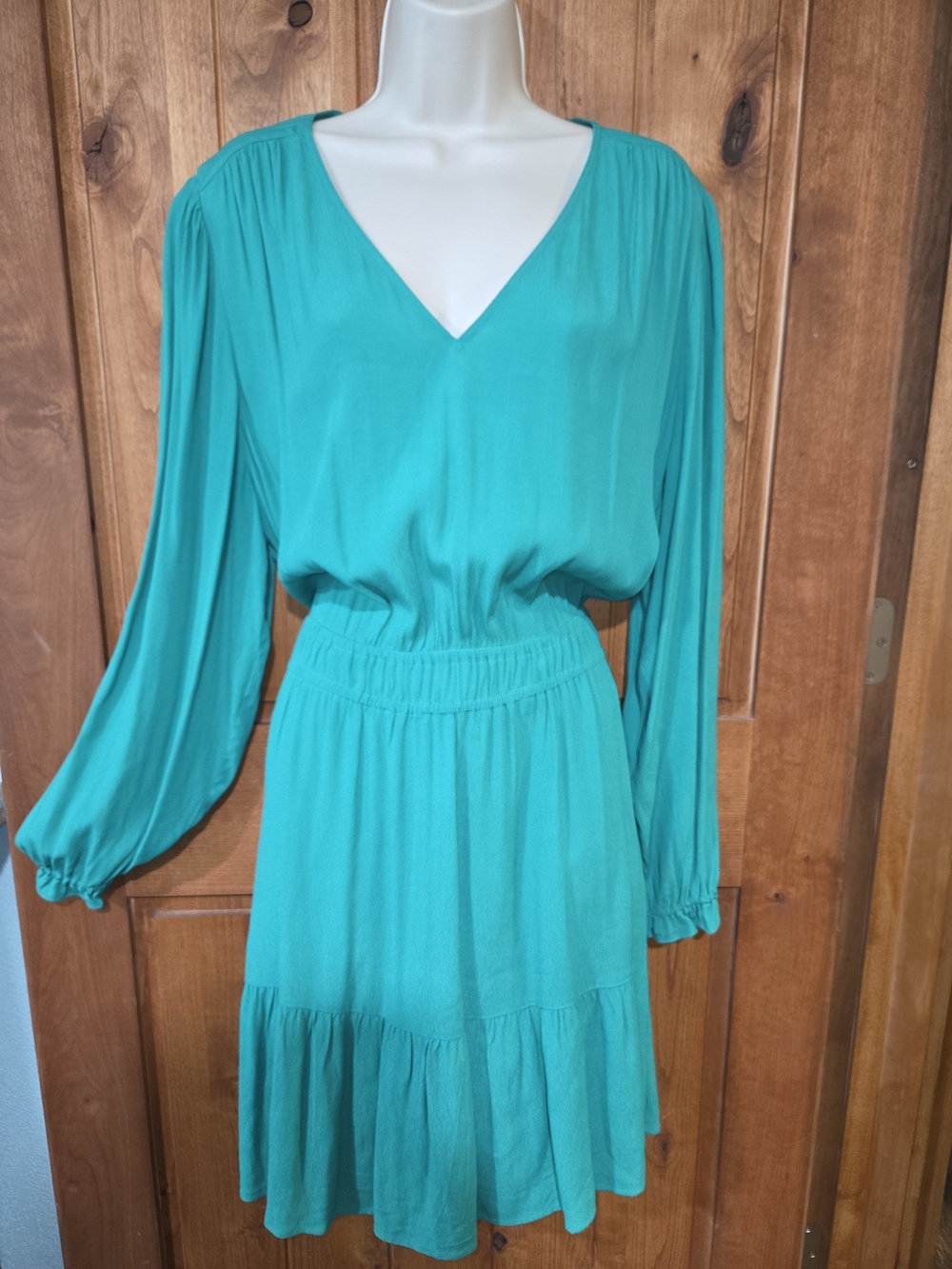 LOFT Teal V-Neck Long‎ Sleeve Smocked Waist Dress